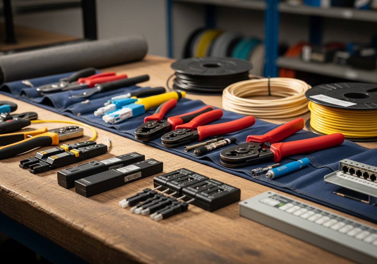 Network technician tools and cabling equipment on a work surface, representing professional installation readiness.