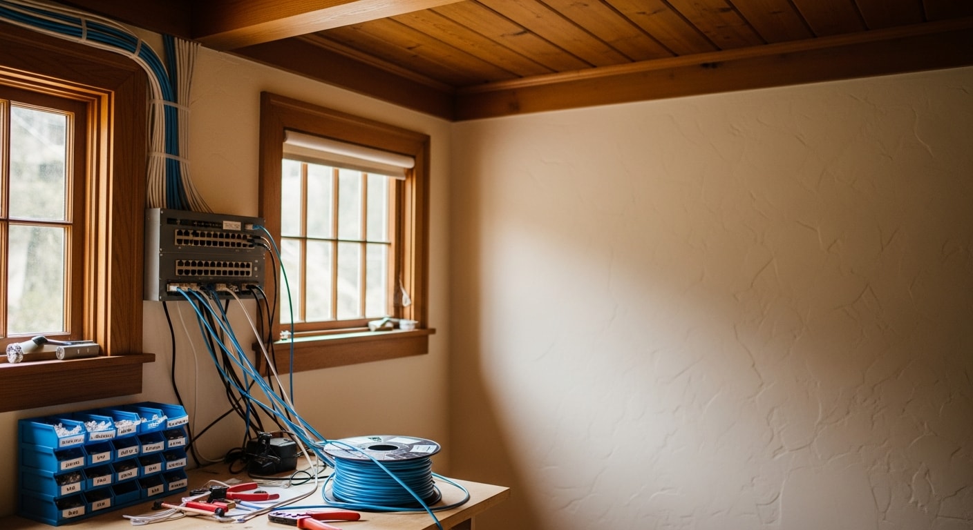 Electrician installing low voltage wiring in residential home renovation