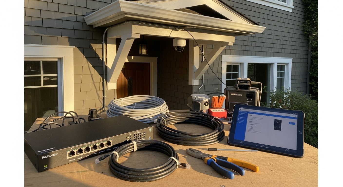 Security camera system installed on commercial building exterior
