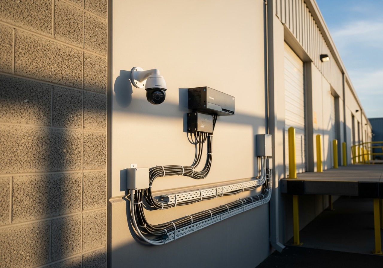 Exterior security camera installation at warehouse loading dock, Concord