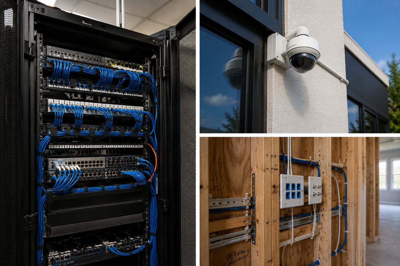Server rack with blue network cables, security camera, and electrical panels in commercial building