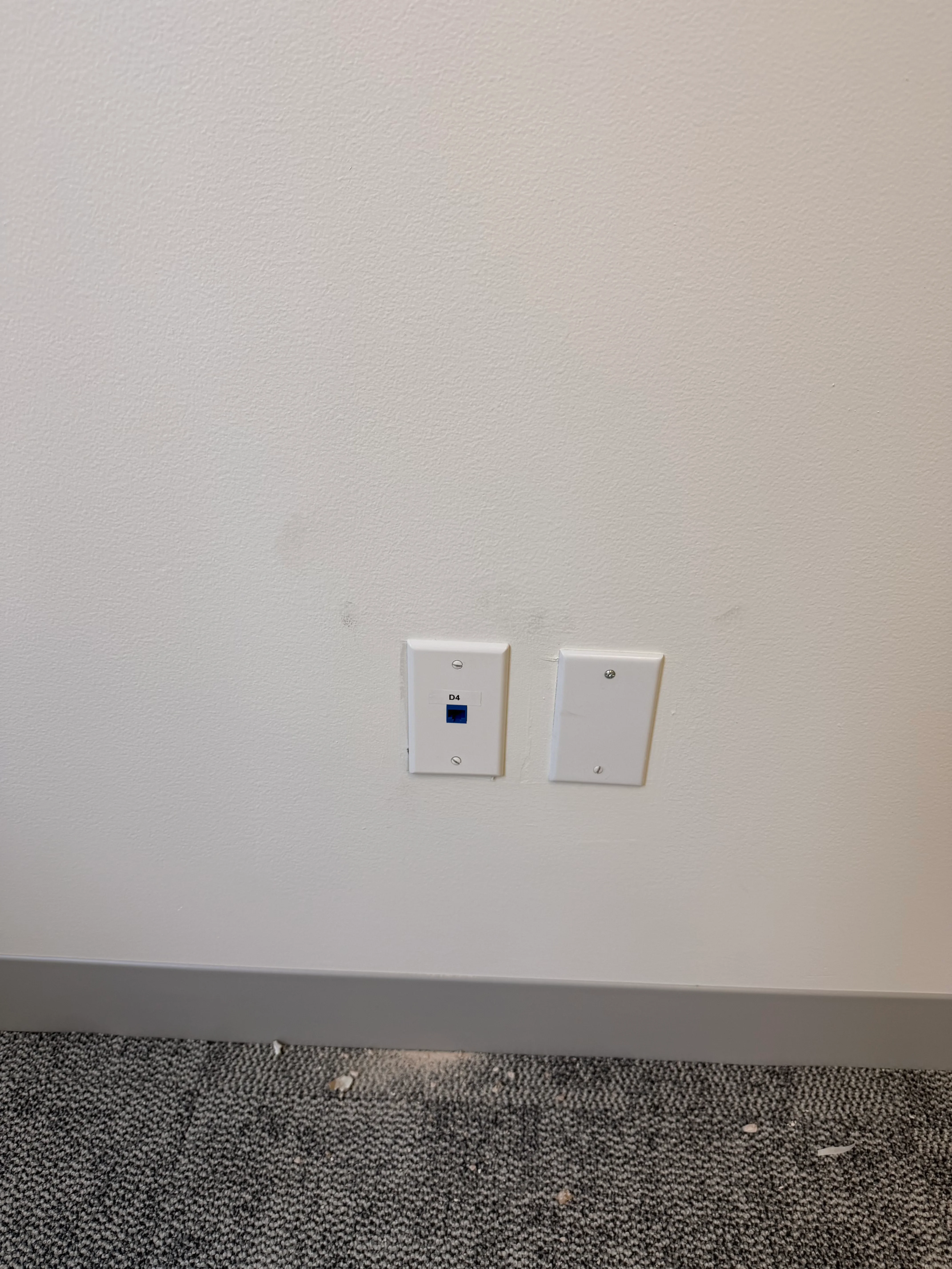 White wall-mounted data port D4 with adjacent blank plate on drywall above gray baseboard
