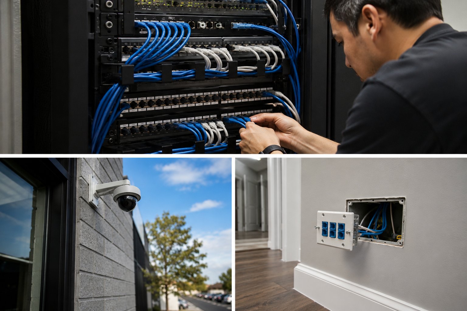 Technician installing organized blue network cables in server rack with patch panels and wall-mounted network termination box