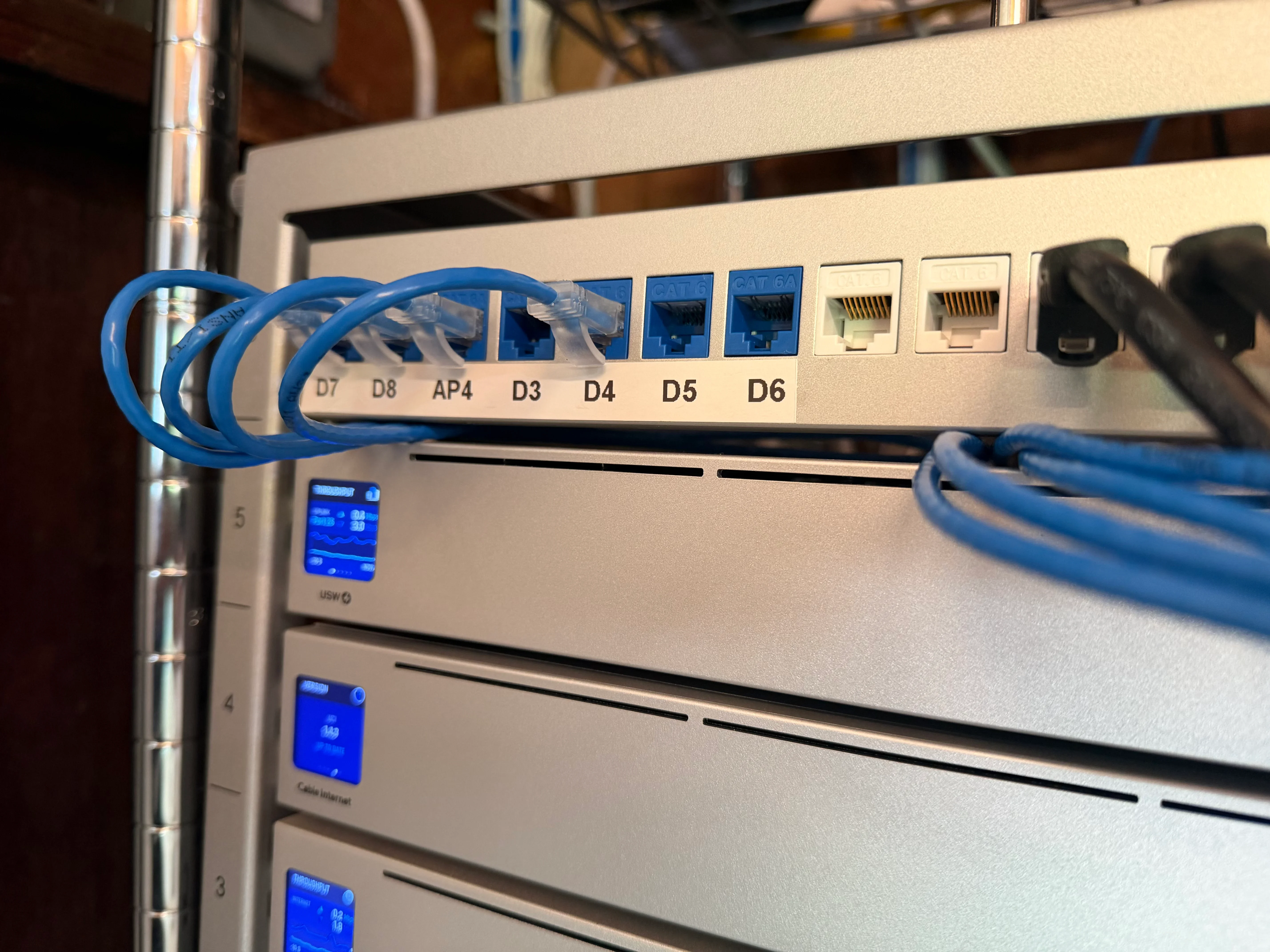 Network patch panel with blue Cat6 cables and labeled Ethernet ports in professional installation