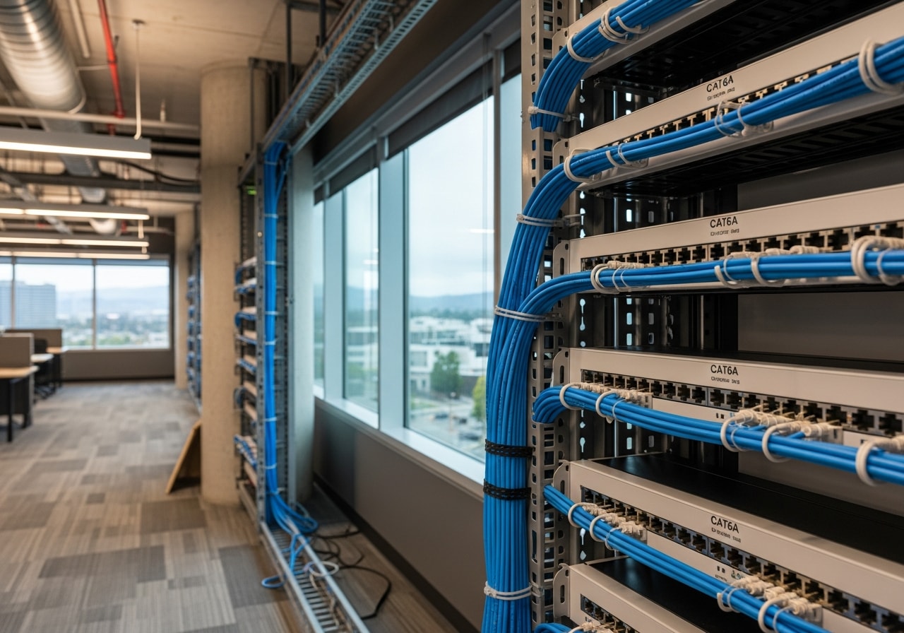 Ethernet cable termination and patch panel in office building, Mountain View