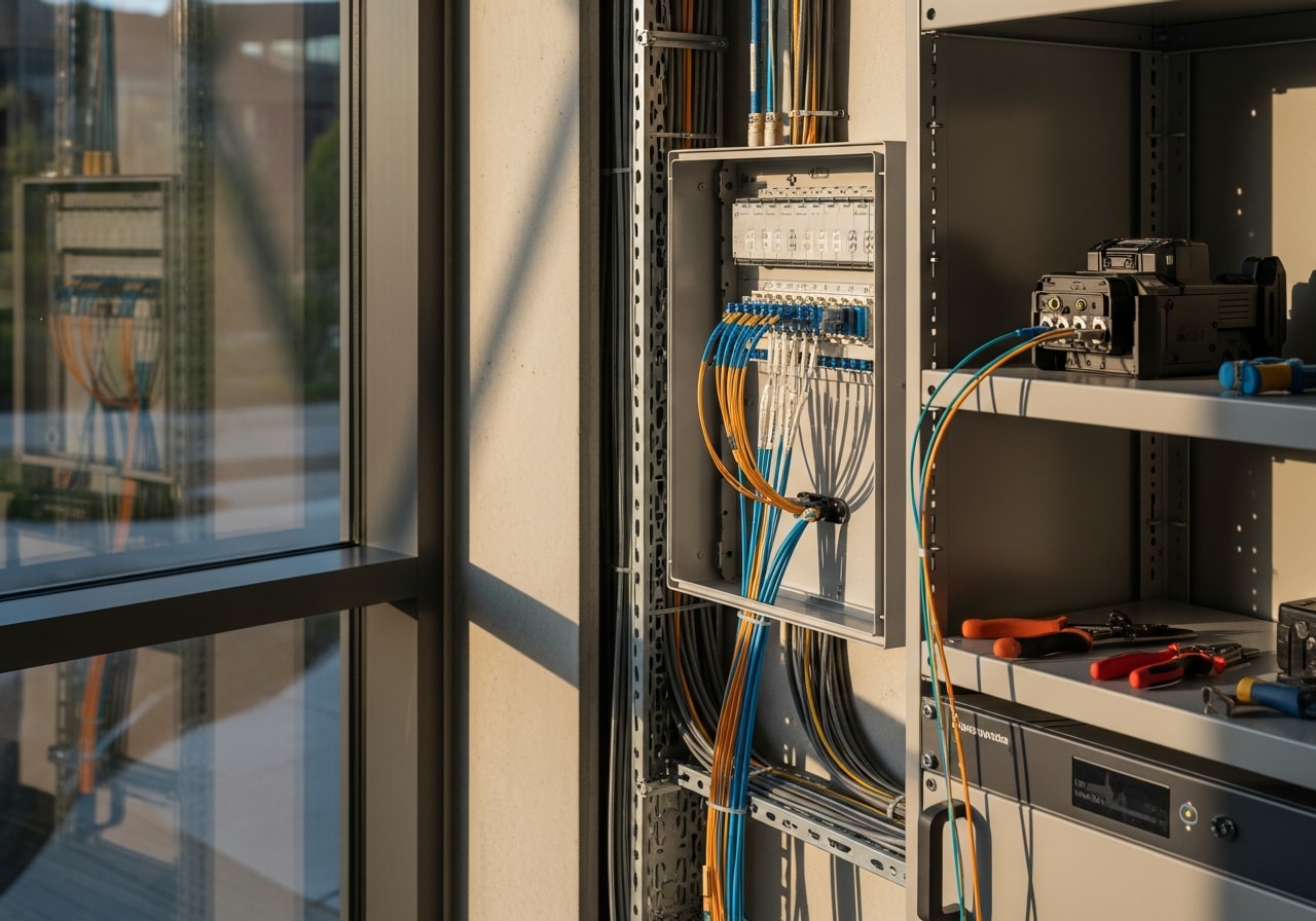 Fiber optic cable termination and testing equipment at tech campus, Palo Alto