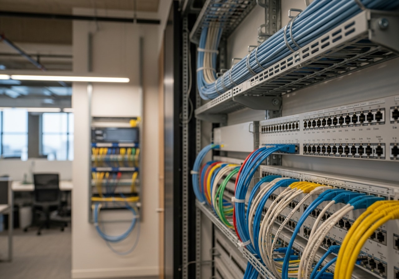Organized patch panels and cable management in corporate server room, San Francisco