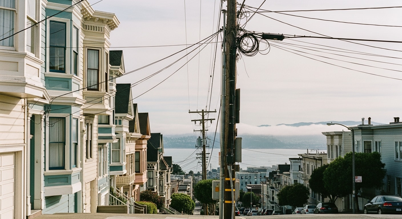 Colorful Victorian homes on a San Francisco street with bay views in the background.