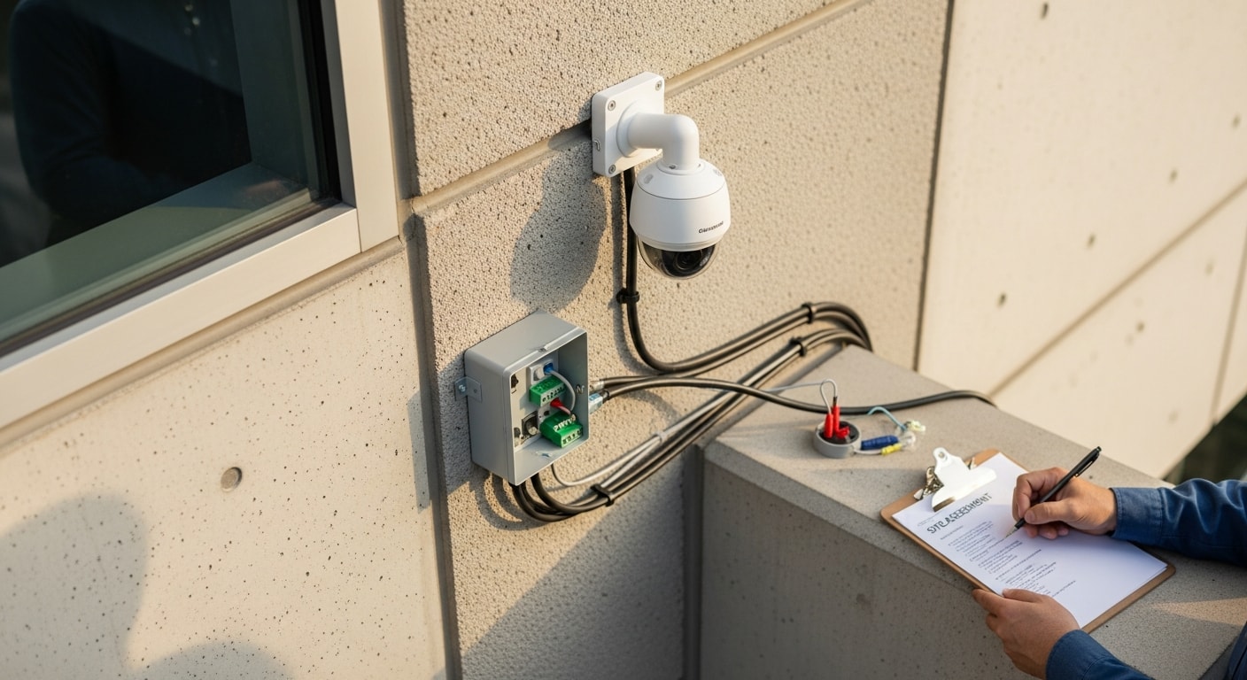 A multi-camera commercial security system installed at the entrance and parking area of a San Francisco commercial building, showing weatherproof camera housings mounted on an exterior wall. The image shows clear wide-angle coverage of the building's entry points in an urban San Francisco setting.