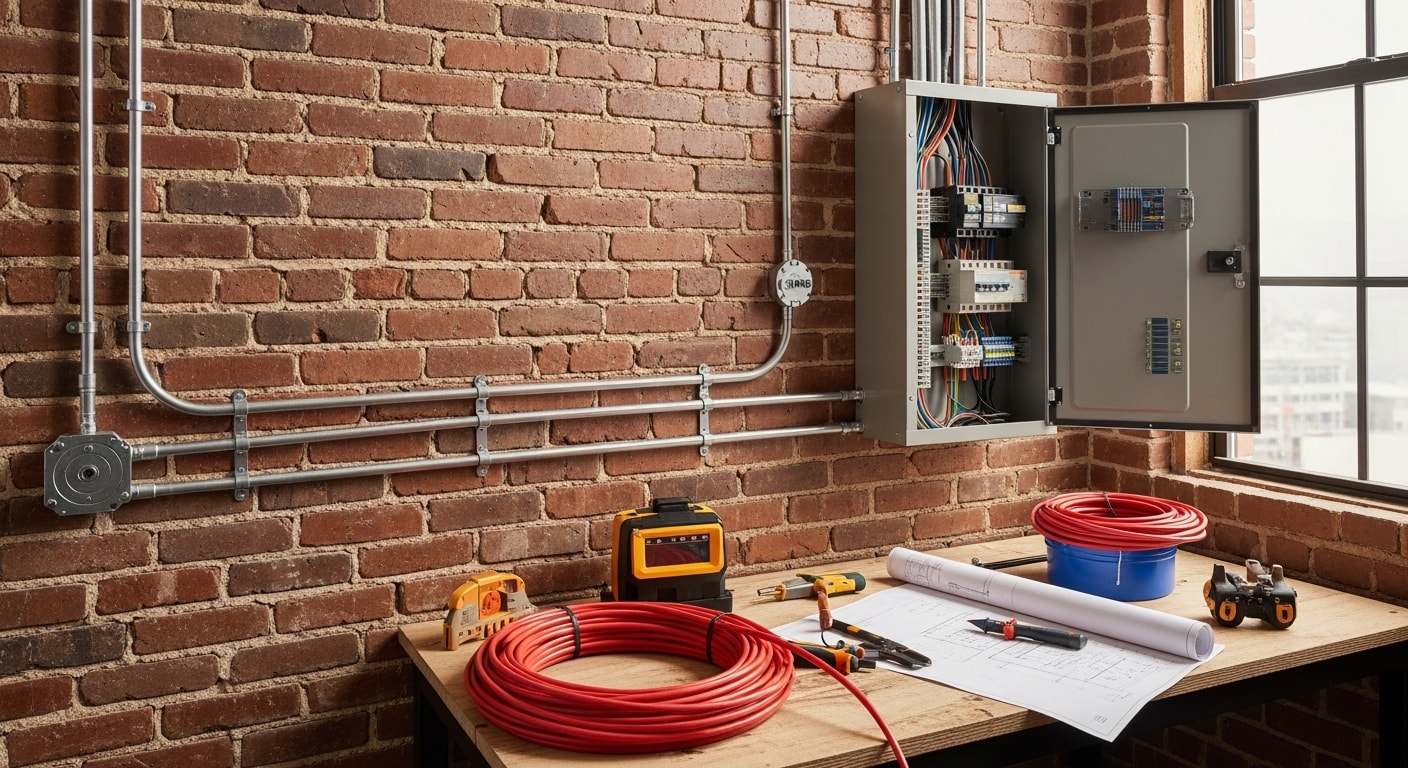 A licensed electrician from Enterprise Communications LLC installing commercial wiring inside a San Francisco office buildout, with conduit runs and panel connections visible in an open ceiling. The space shows a mid-construction commercial interior typical of mixed-use buildings in San Francisco, CA.