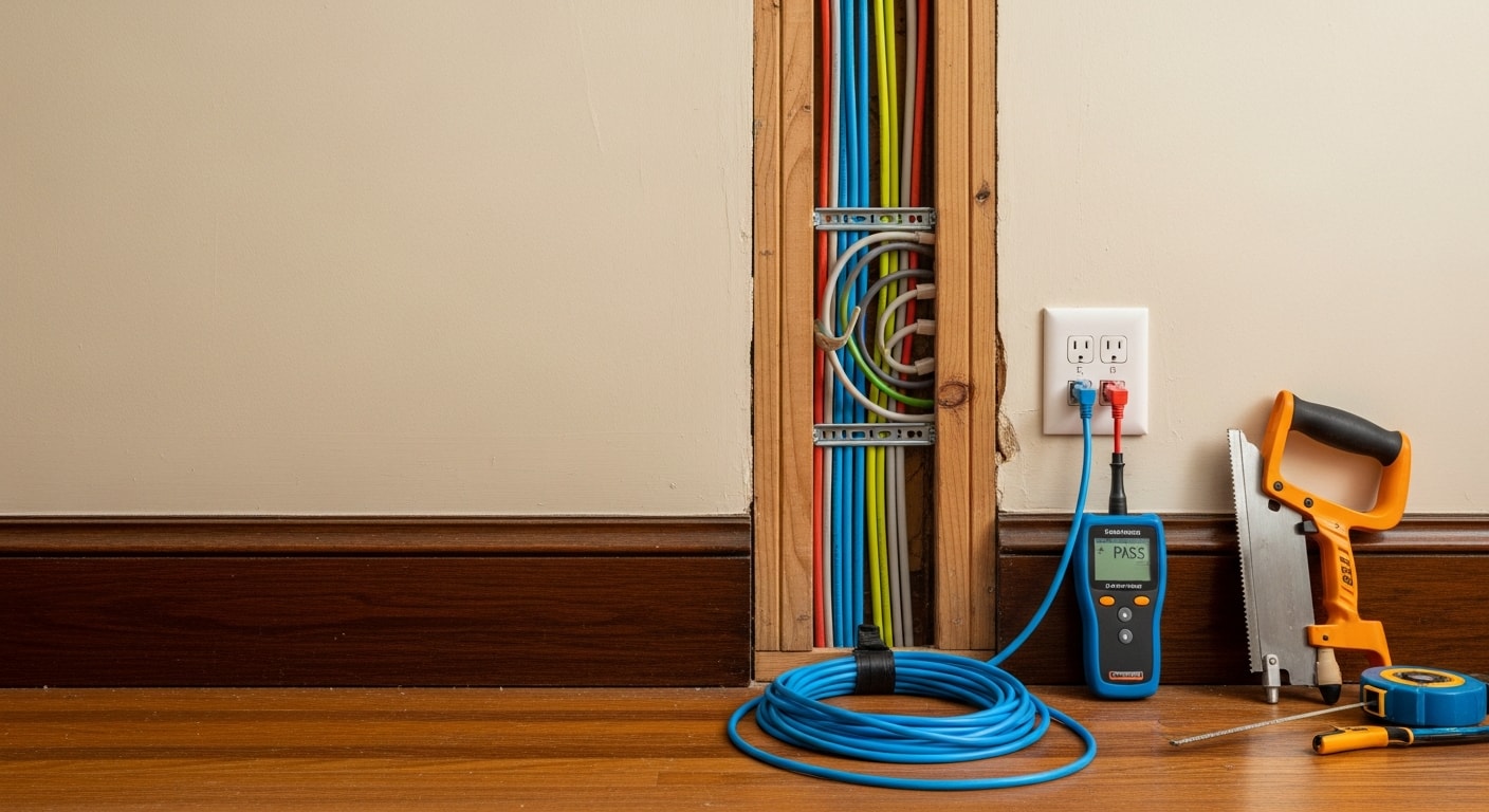 A licensed electrician from Enterprise Communications LLC terminates an Ethernet cable into a flush wall plate inside a San Francisco residential property. Neatly routed cable runs are visible leading to a structured cabling panel mounted in a utility closet.