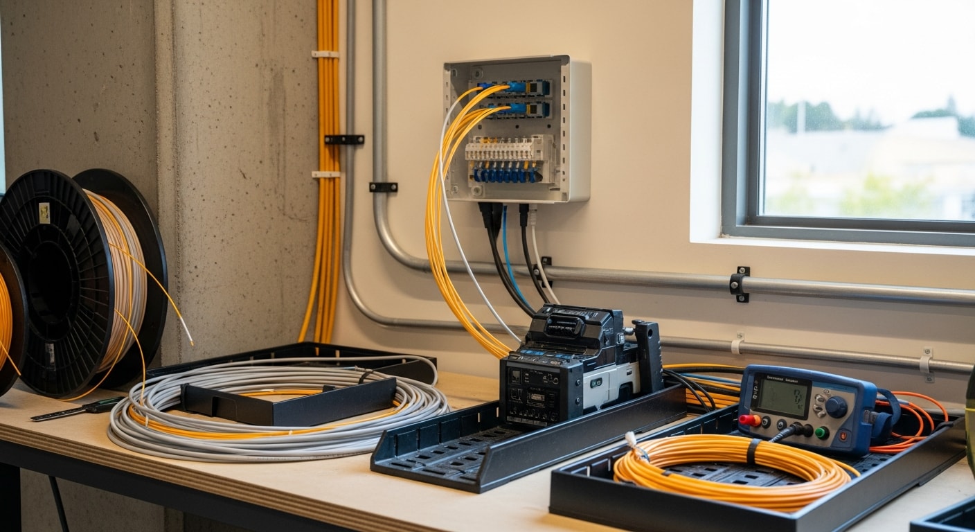 A telecommunications contractor terminating fiber optic cables inside a structured cabling rack in a San Francisco commercial office building. Neatly routed fiber runs are visible along the cable management panels with labeled patch connections.