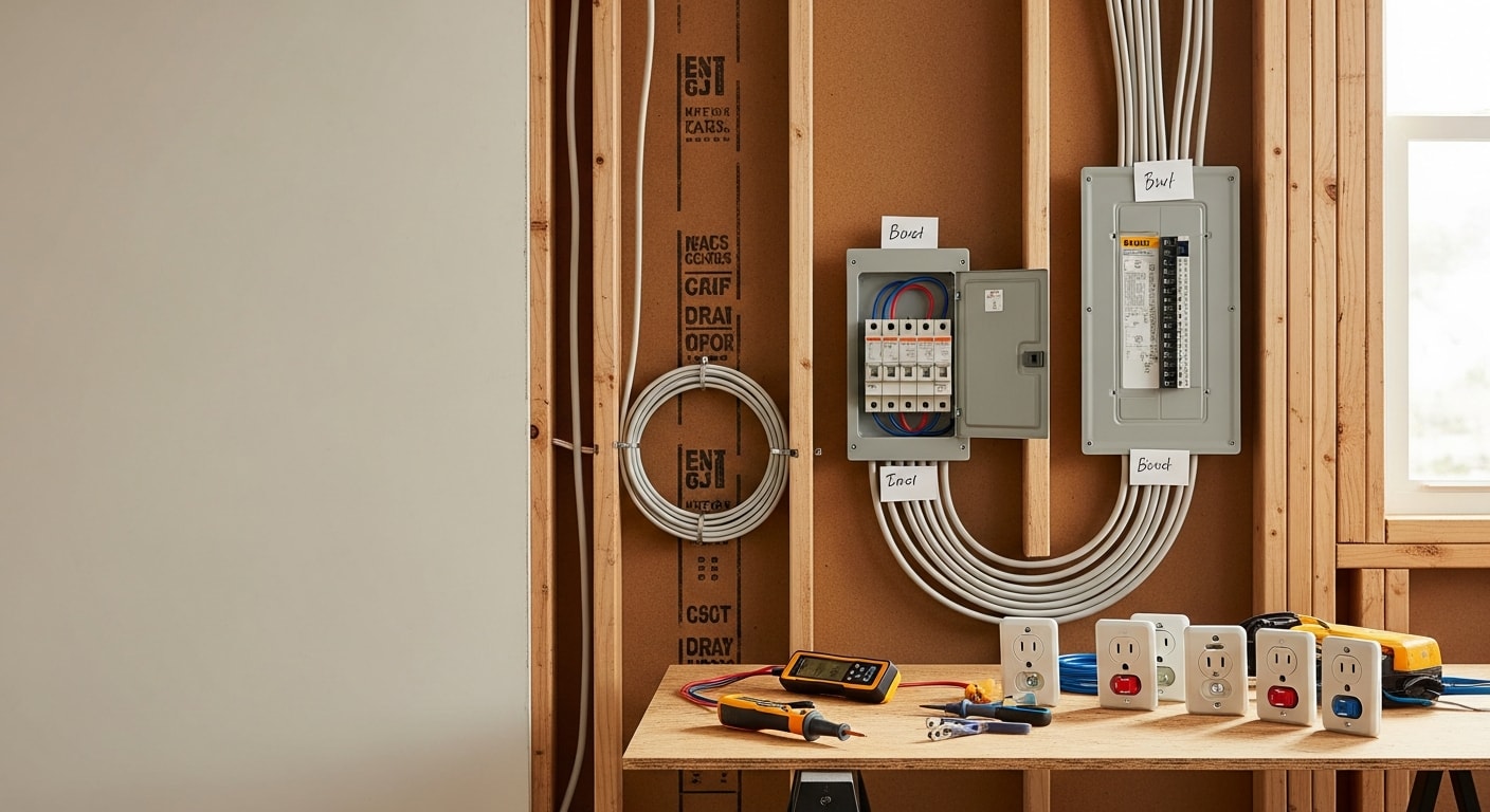 A licensed electrician running new wiring through open wall framing inside a San Francisco home during a kitchen remodel. Exposed studs show new circuit cables routed toward an updated electrical panel in the background.