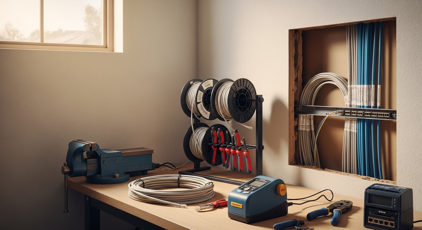 A licensed electrician from Enterprise Communications LLC terminates structured data cabling inside a commercial server room in San Francisco. Neatly routed and labeled low voltage cables run along a cable tray toward a wall-mounted patch panel.