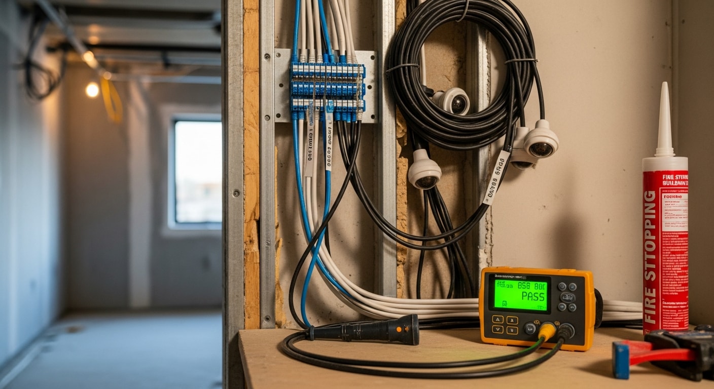 A telecommunications contractor installs structured low voltage cabling inside a commercial office space in San Francisco, CA. Neatly routed cable runs are visible along the ceiling pathway leading to a wall-mounted patch panel.