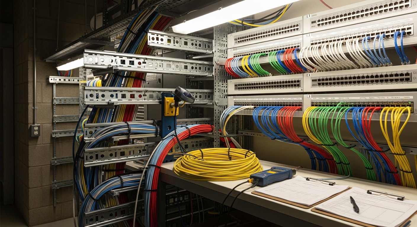 A organized commercial telecom closet in a San Francisco office building showing neatly routed and labeled structured cabling runs, patch panels, and rack systems installed by Enterprise Communications LLC. Clean horizontal and vertical cable management reflects a completed network cabling management project in a multi-floor commercial property.