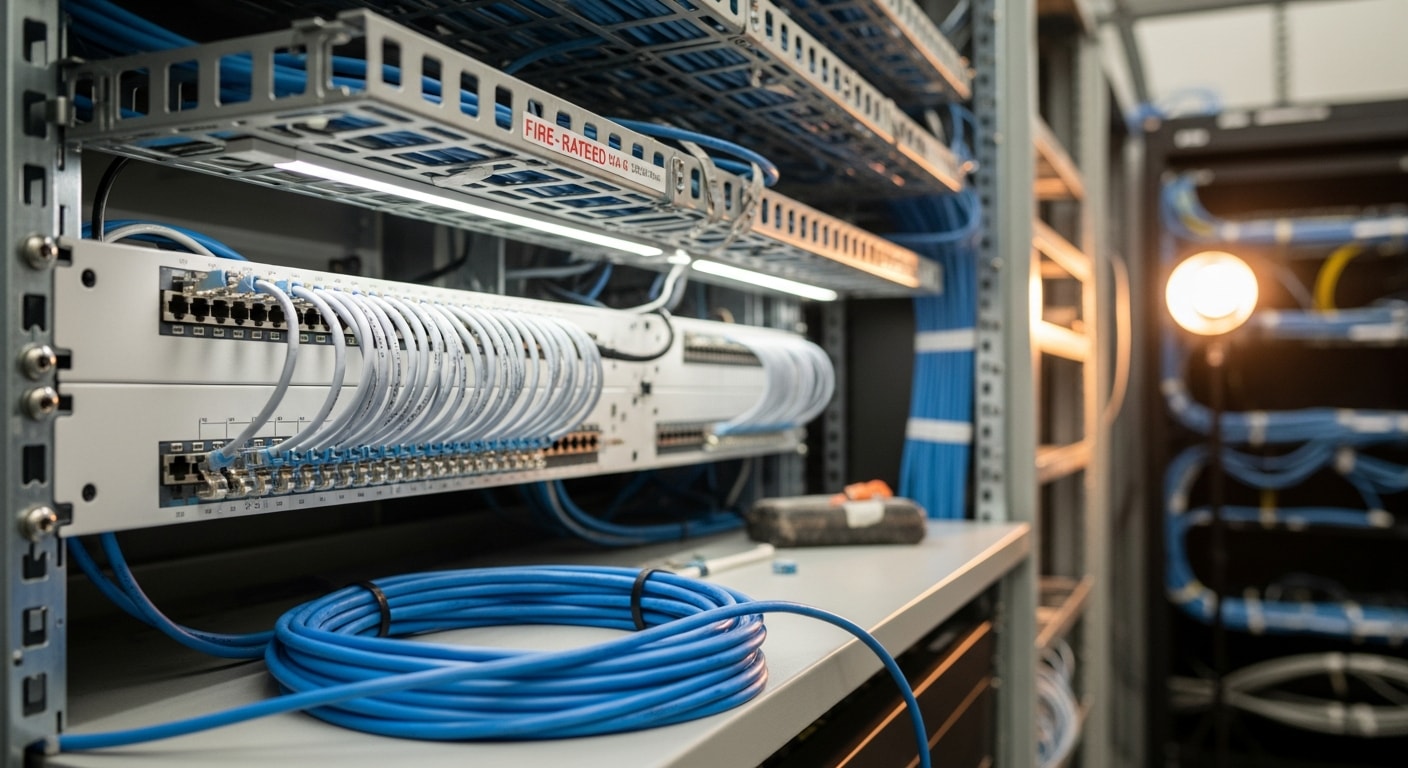 A telecommunications contractor terminates structured network cabling into a labeled patch panel inside a commercial office telecom room in San Francisco, CA. Neatly bundled and routed cable runs are visible along the wall-mounted rack.