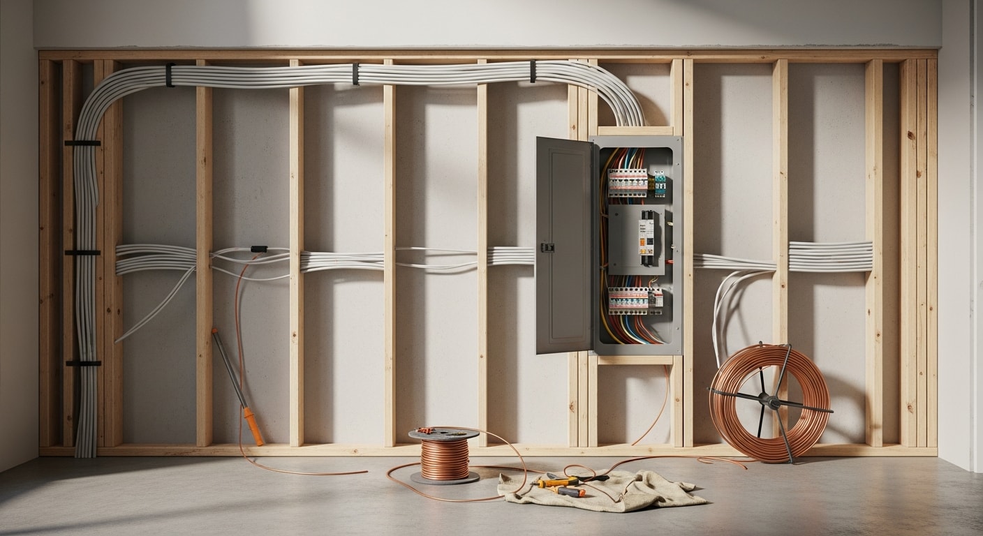 A licensed electrician from Enterprise Communications LLC installing conduit and circuit wiring inside a commercial office space in San Francisco, CA. Organized cable runs and a labeled electrical panel are visible in the background of the partially built-out workspace.