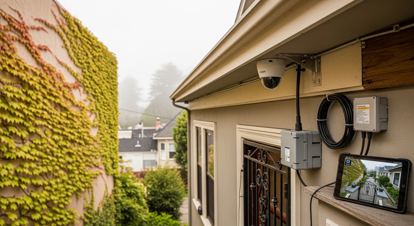 A weather-sealed security camera mounted above the front entry of a San Francisco residential property, with a second camera visible on the garage corner covering the driveway. The installation shows clean cable routing along the exterior trim of a classic row house facade.
