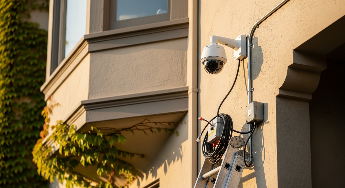 A professional security camera installer mounting a weatherproof dome camera above the entrance of a commercial building in San Francisco, CA. The image shows clean cable management along an exterior wall with the city's dense urban streetscape visible in the background.