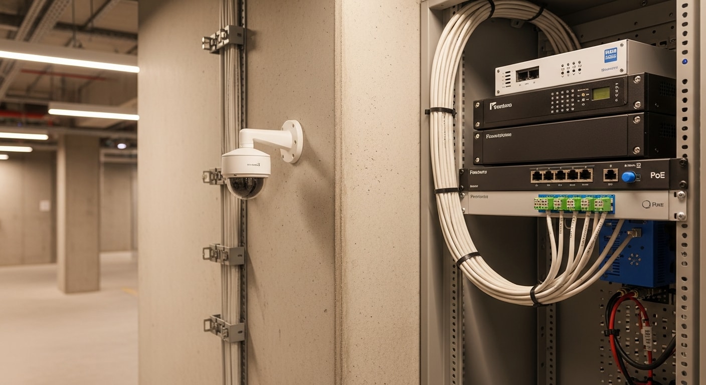 A networked security camera system installed in a San Francisco commercial building, showing ceiling-mounted IP cameras connected through structured cabling to a wall-mounted network video recorder. A technician reviews live multi-camera footage on a monitor during the final system configuration.