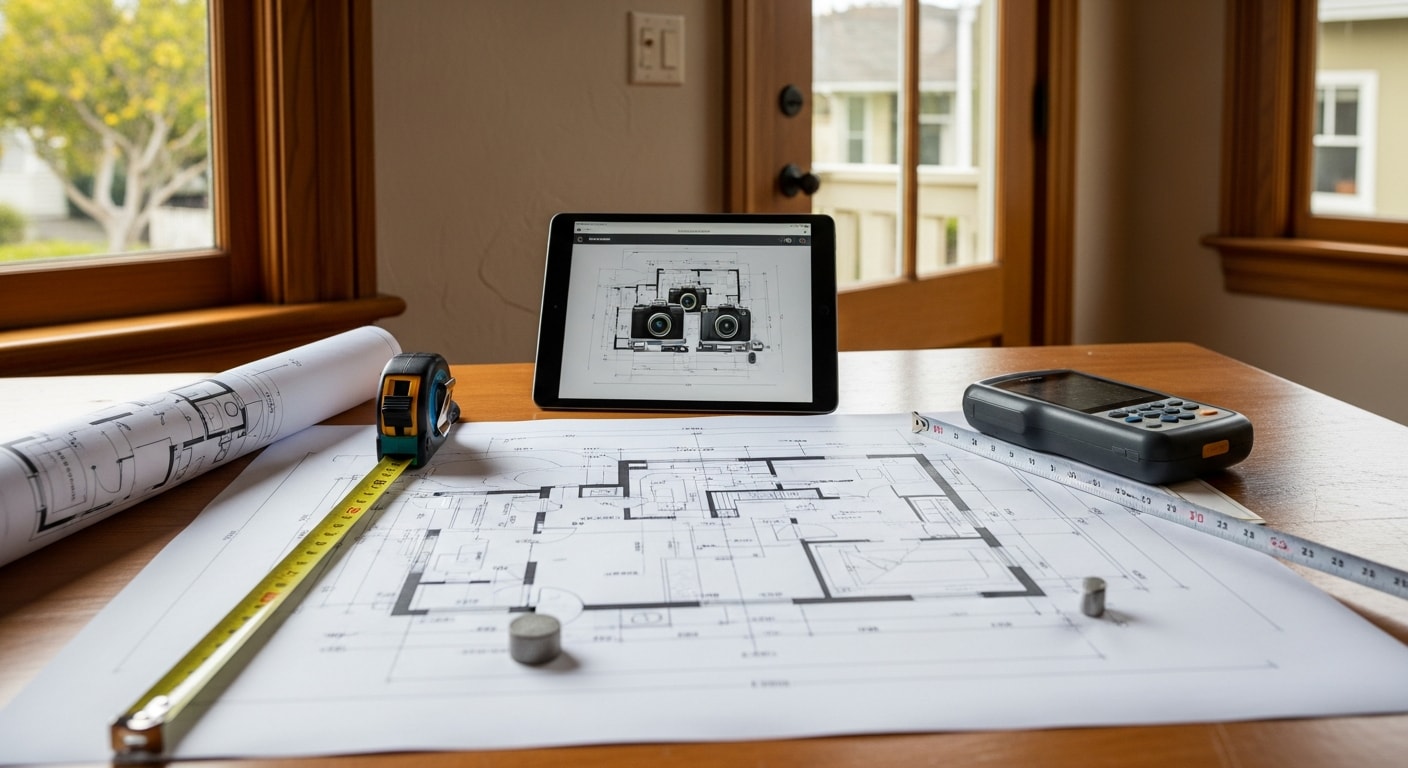 A security system installer reviewing a building layout diagram at a San Francisco commercial property, with access control hardware and camera mounting positions marked on the plan. The property exterior shows a multi-story urban building with a secured entry door and visible conduit pathways.