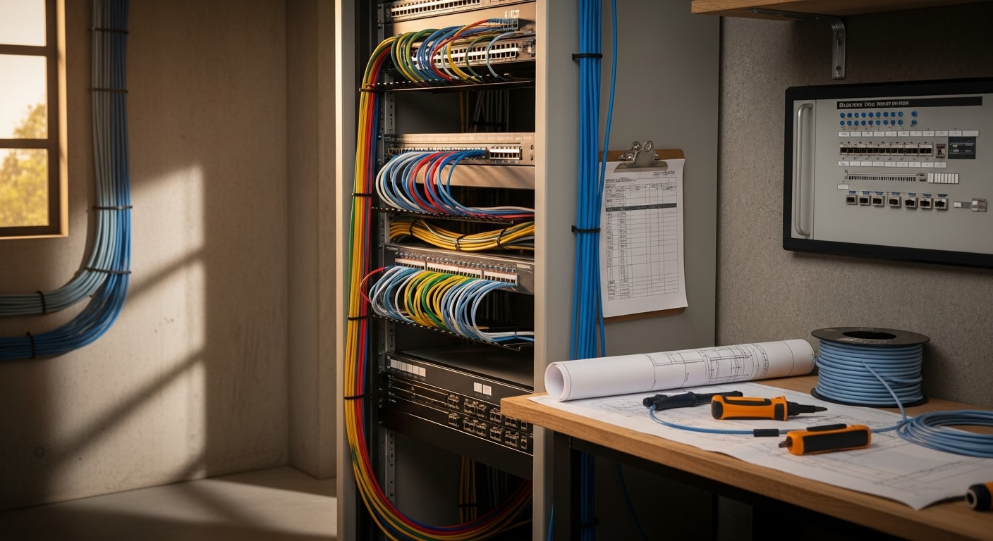 Structured cabling design drawing laid over a commercial office floor plan in a San Francisco multi-story building. Labeled cable trays, patch panel locations, and backbone routing paths are visible across multiple floors.